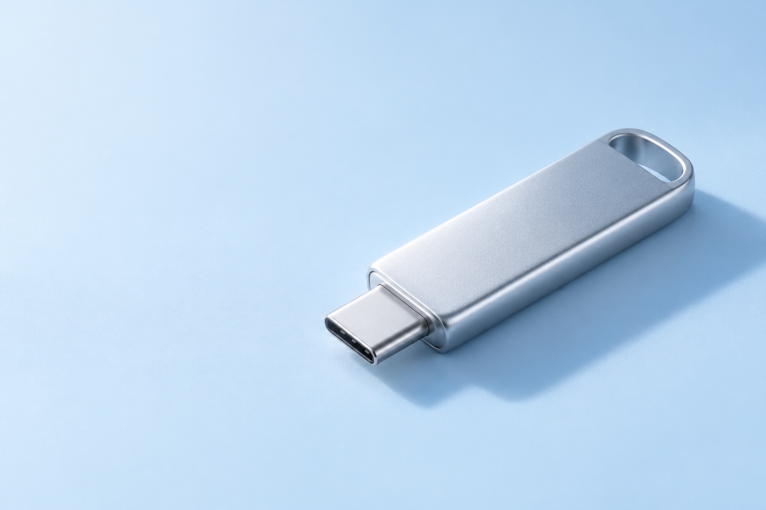 Серебристая USB-флешка на светло-голубой поверхности